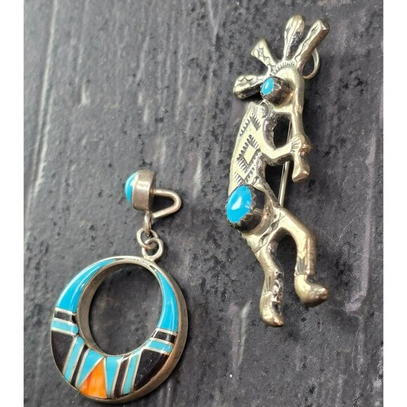 Vintage Sterling Silver Kokopelli Brooch & Inlaid Turquoise Pendant JJ4153 - Picture 8 of 11